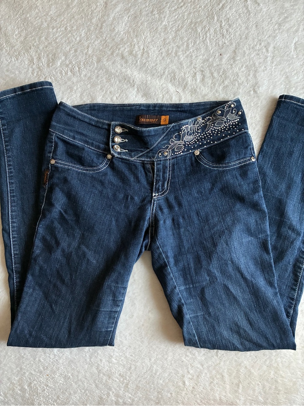 Y2K Embellished Dark Blue Skinny Jeans with Decorative Waist